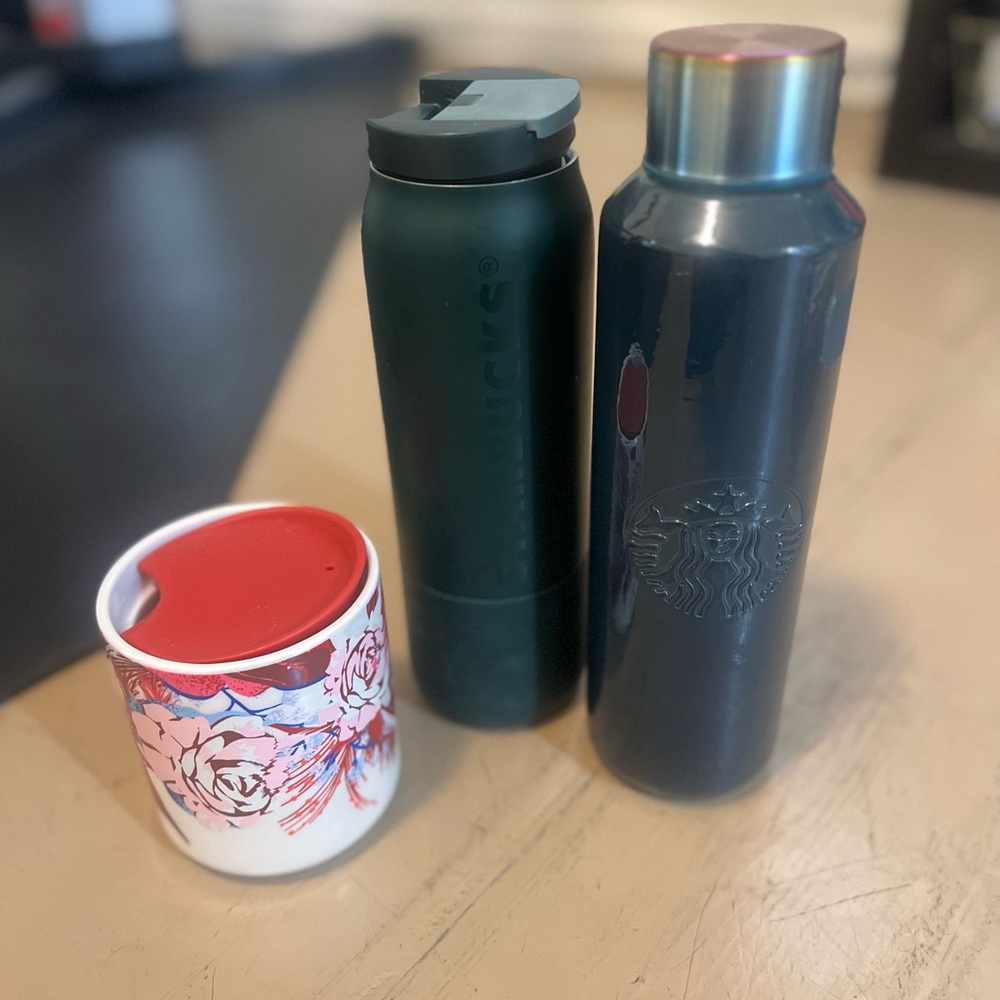 Three Starbucks travel coffee mugs cups evergreen green holiday sold out